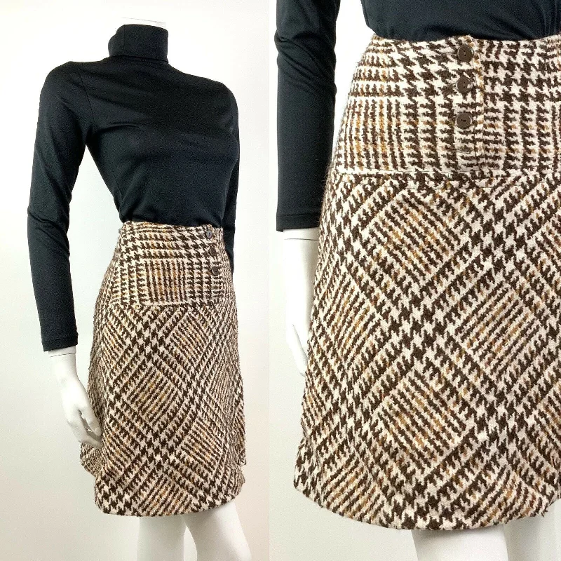 Best Offers of the Month!VINTAGE 60s 70s BROWN WHITE GOLD GEN CHECKED PLAID WOOL MOD SHORT SKIRT 4 6