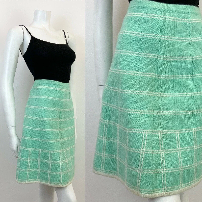 Your Wallet Will Thank You!VINTAGE 60s 70s MINT GREEN WHITE STRIPED CHECKED GEOMETRIC MOD WOOL SKIRT 8 10