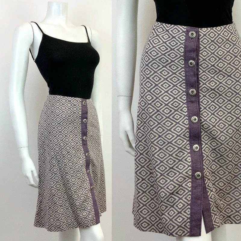 Steals and Deals Await!VINTAGE 60s 70s PURPLE CREAM GEOMETRIC IKAT BIRDS EYE MOD A-LINE SKIRT 8 10