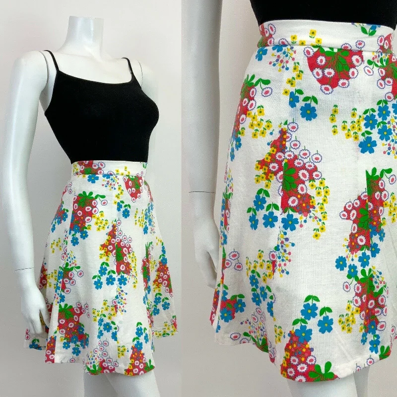 The Best Deals Won’t Wait!VINTAGE 60s 70s WHITE BLUE GREEN YELLOW FLORAL DAISY FLARED CIRCLE SKIRT 10 12