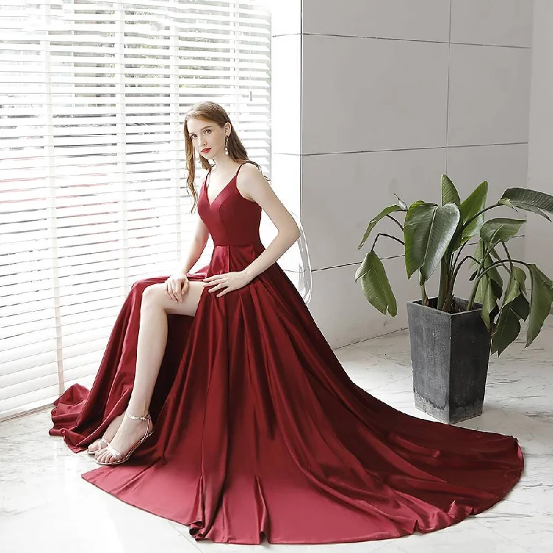 Huge Price Cuts Await!Wine Red A-line Long Formal prom Dress with Slit     cg20611