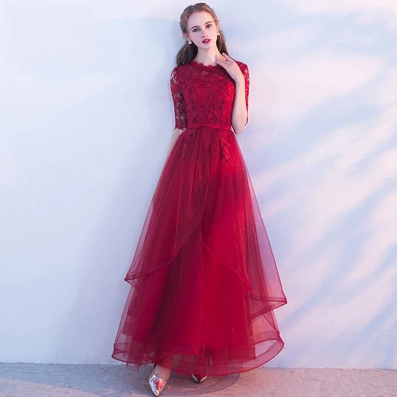 Hurry! While Supplies Last!Wine Red Lace 1/2 Sleeves Tulle Long Party Dress, A-Line Layers Tulle Prom Dress cg20679 Hurry! While Supplies Last!Wine Red Lace 1/2 Sleeves Tulle Long Party Dress, A-Line Layers Tulle Prom Dress cg20679