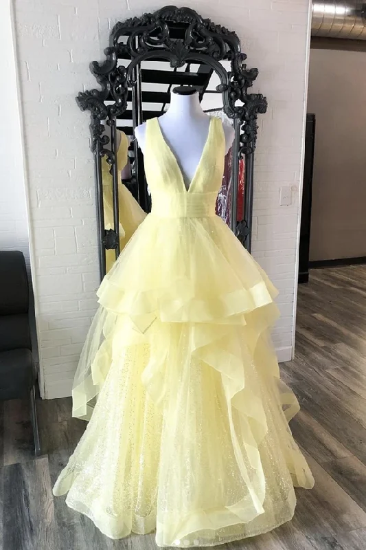 Lowest Prices Guaranteed!Yellow v neck tulle long A line prom dress evening dress cg20633 Lowest Prices Guaranteed!Yellow v neck tulle long A line prom dress evening dress cg20633