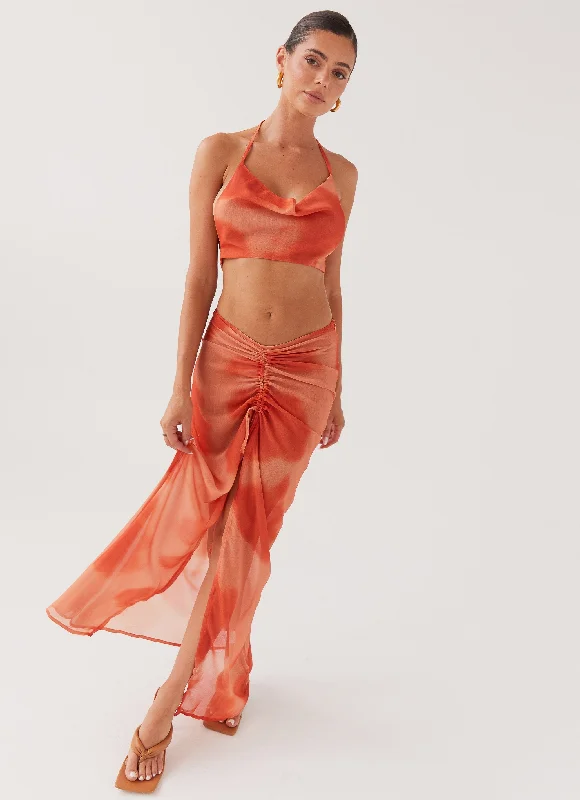 Your Shopping Spree Starts Here!Zenta Ruched Maxi Skirt - Copper
