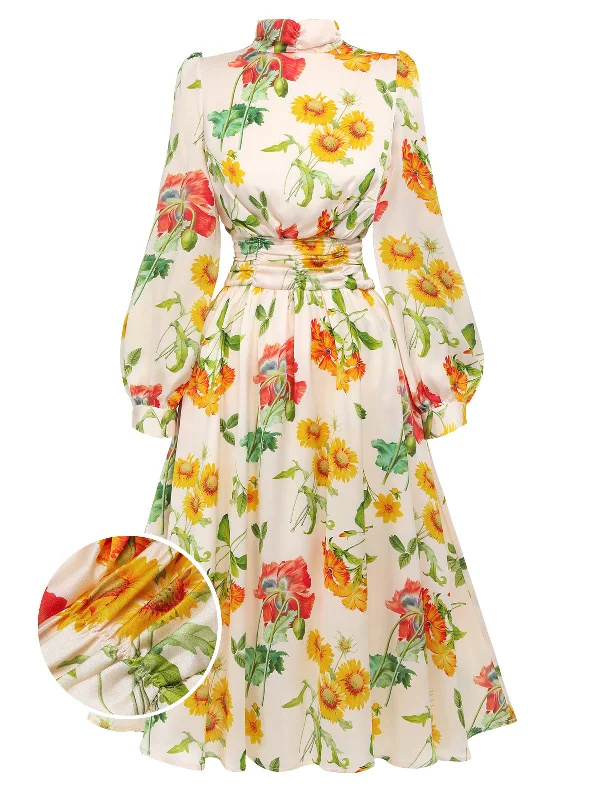 Exclusive Offers You’ll Love!1930s Flower Long Sleeves Swing Dress