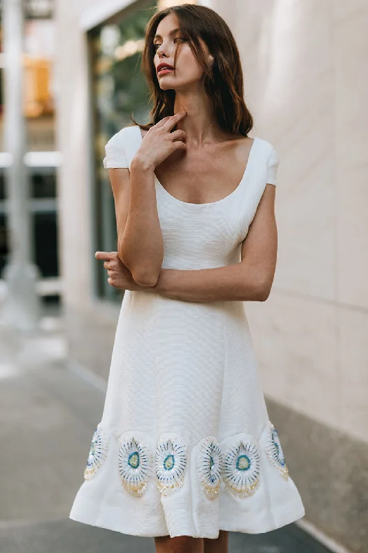 Grab Yours Before It’s Too Late!Multi Seam Scoop Neck Dress with Cap Sleeve with Bottom Ruffle Custom Embroidery