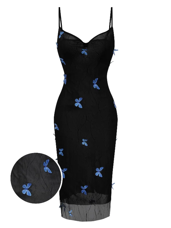 Buy More, Pay Less!Black 1930s Butterfly Mesh Strap Dress