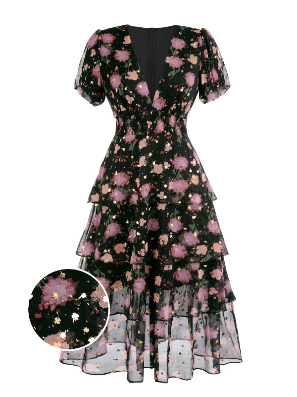 Lowest Prices Guaranteed!Black 1950s Lace Flowers Swing Dress