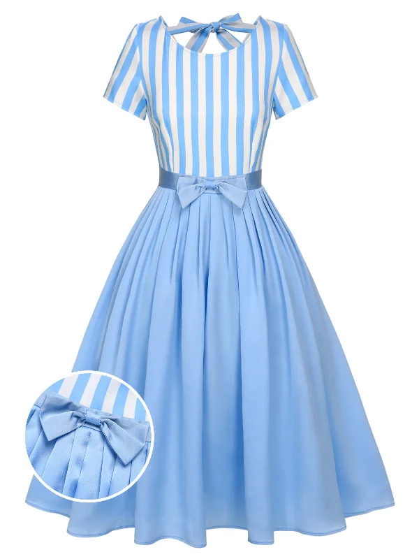 Save Like Never Before!Blue 1940s Boat Neck Stripes Bow Dress