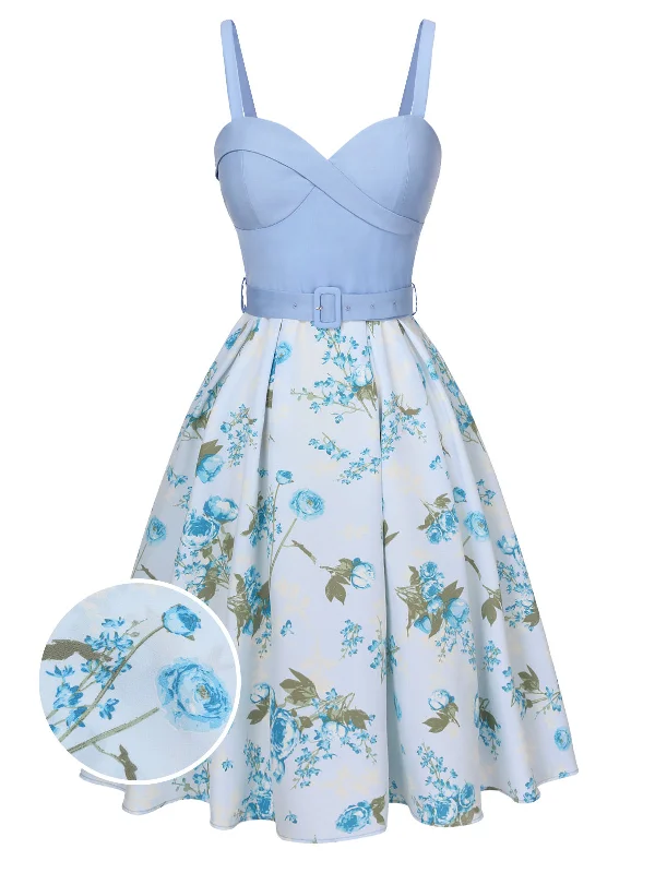 Shop Before It’s Gone!Blue 1950s Spaghetti Strap Floral Belted Dress