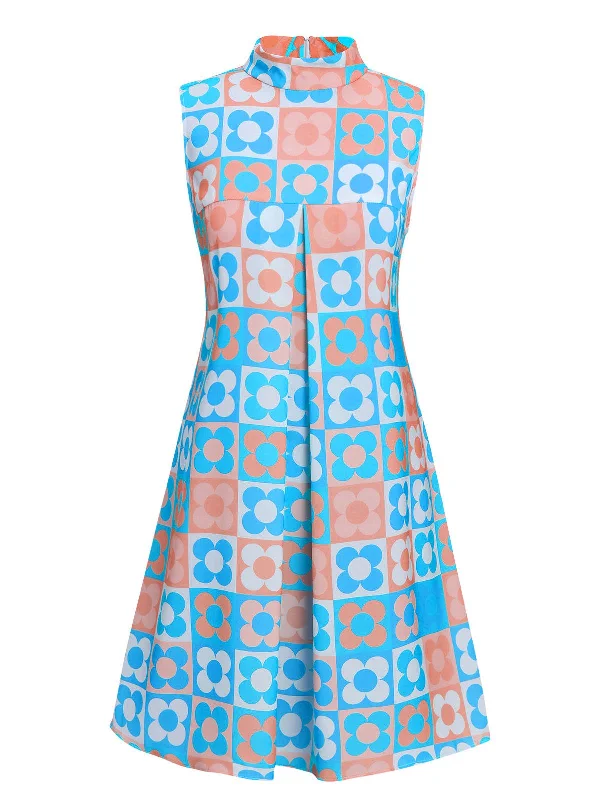 Savings You Can’t Ignore!Blue 1960s Floral Stand Collar Dress