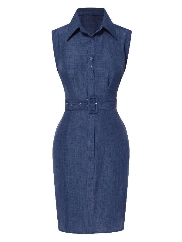 Shop More, Spend Less!Blue 1960s Lapel Sleeveless Belted Dress