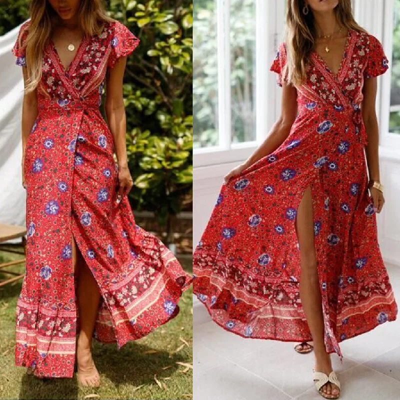 Only a Few Left – Order Now!Bohemia Women Summer Elegant Clothes Sexy Floral Printed Deep V Neck Long Dress Ladies Dressess Casual Vestido De Festa Longo 10