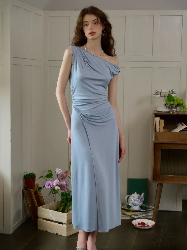 Bigger Savings, Better Shopping!Cielo Elegant Ruched Off-Shoulder Light Blue Long Dress