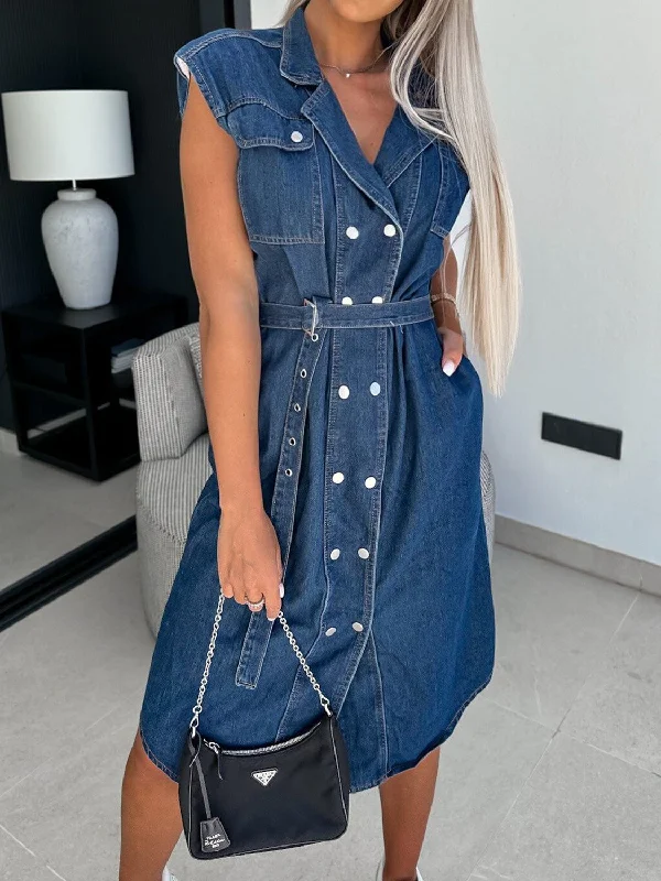 Price Drop Alert!Collared Neck Cap Sleeve Denim Dress