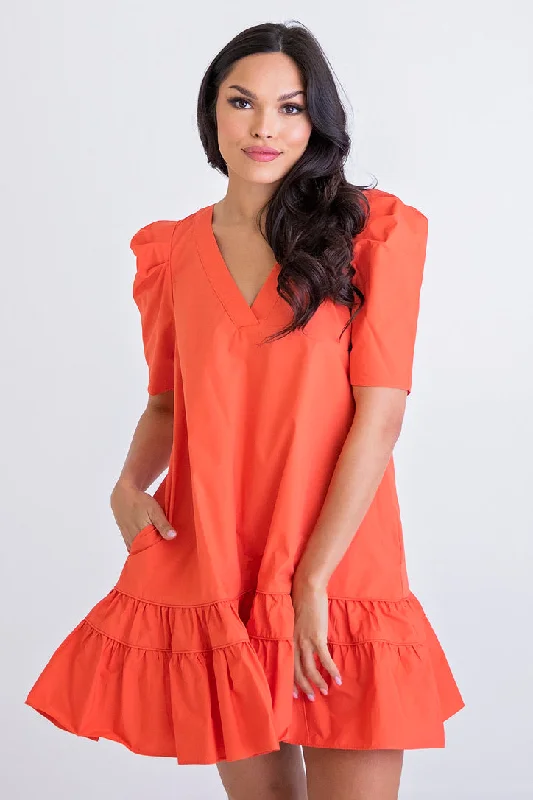Your Dream Deal is Here!Coral Poplin Vneck Puff Sleeve Dress