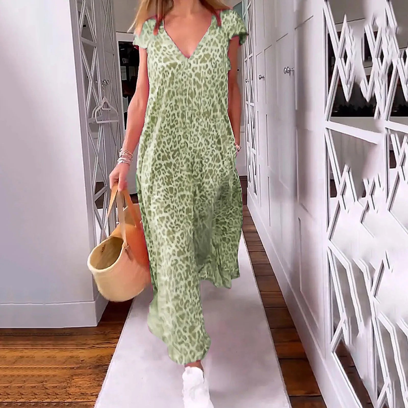 Time to Save Big!Boho Floral V Neck Short Sleeve Flowy Swing A Line Long Women's Boho Dress