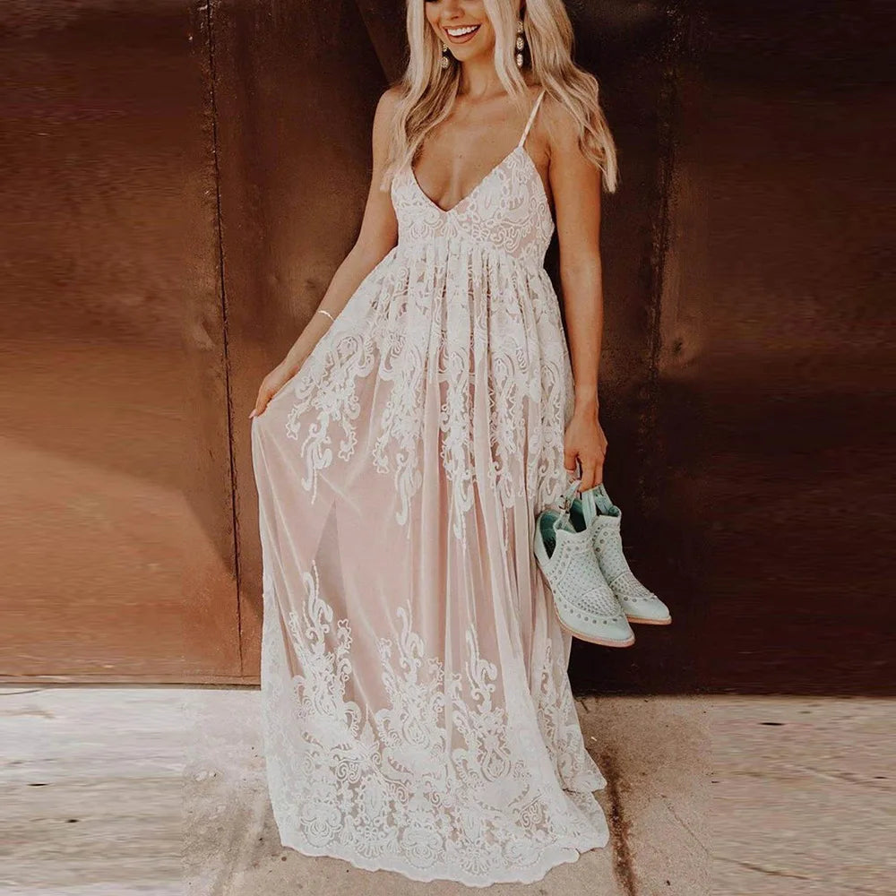 Act Fast – Limited Time Savings!FashionSierra-Vintage  Lace Sling  For Women  Casual  Deep V  Floral Embroidery  Loose  Summer  2024  Sexy  Backless  Vestidos  Boho Dress