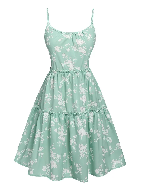 Limited-Time Price Drop!Green 1960s Floral Wrinkle Suspender Dress