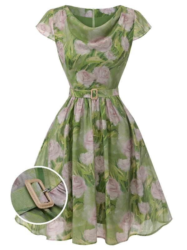 Best Offers of the Month!Green 1960s Oil-Painting Rose Dress