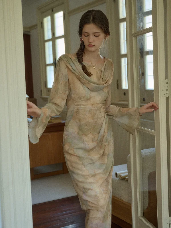 Huge Price Cuts Await!Jaliyah Elegant Vintage Oil Painting Print Slit Ruffled Sleeves Dress
