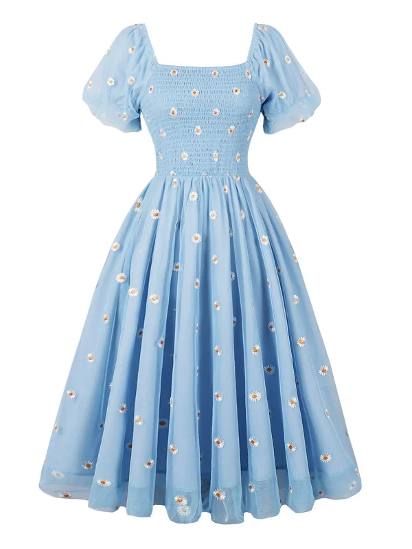 Your Best Deals Are Here!Light Blue 1950s Cap Sleeve Daisy Dress