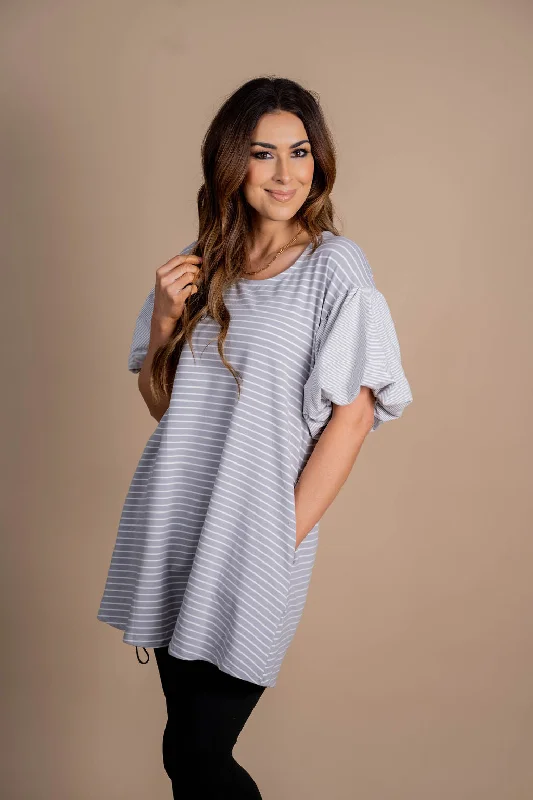 Get More for Less!Mixed Stripes Puff Sleeve Tunic Dress