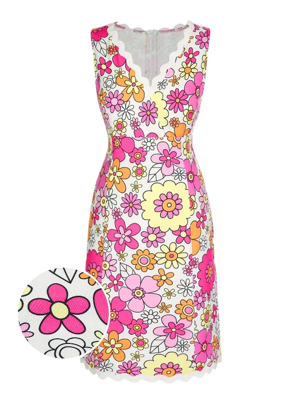 Your Discount is Waiting!Pink 1960s V-Neck Cartoon Flowers Pencil Dress