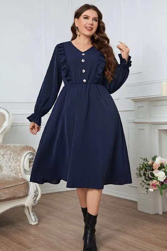 Your Favorite Sale is Back!Plus Size V-Neck Buttoned Flounce Sleeve Dress