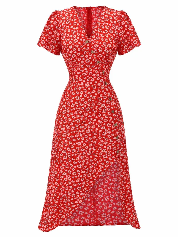 Shop Today, Save Tomorrow!Red 1940s Floral V-Neck Added Button Dress