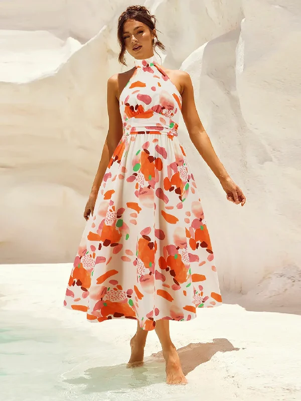 Limited-Time Price Drop!Ruched Printed Halter Neck Sleeveless Dress
