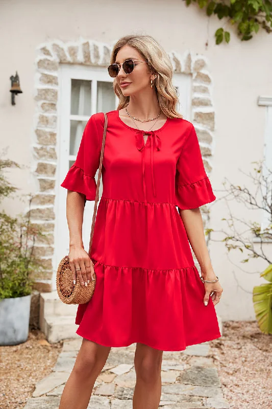 Your Discount is Waiting!Ruffle Trim Tie Neck Flounce Sleeve Tiered Dress