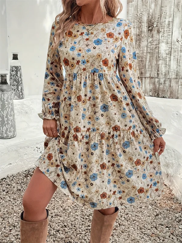 Steals and Deals Await!Ruffled Printed Round Neck Long Sleeve Dress