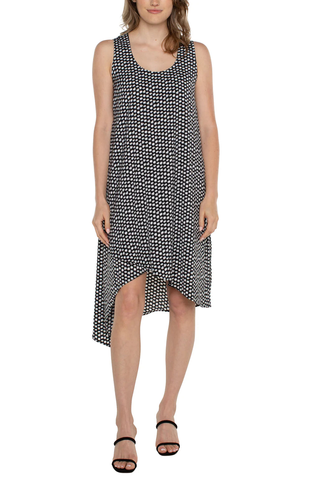 Shop Before It’s Gone!Sleeveless Dress with Asymmetrical Hem in Black/White Dot