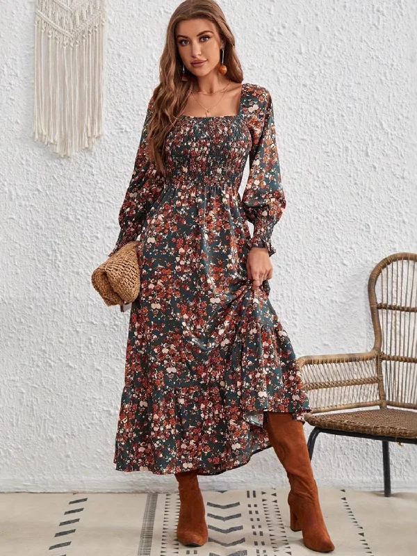 Hurry! While Supplies Last!Smocked Floral Square Neck Long Sleeve Dress
