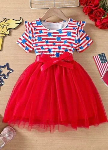 Steals and Deals Await!Stars and Stripe Print Short Sleeve Ruffle Mesh Princess Dress