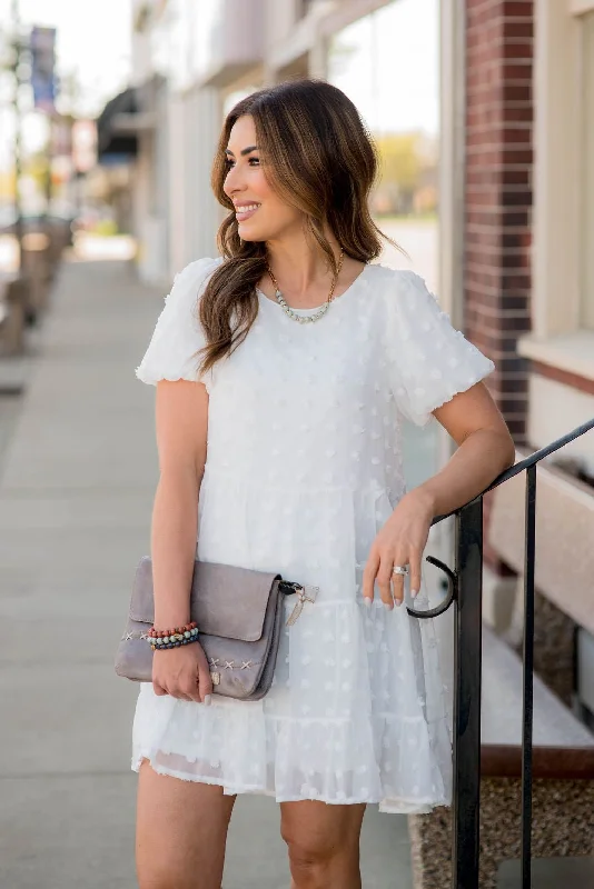 Your Shopping Spree Starts Here!Textured Dot Puff Sleeve Tiered Dress
