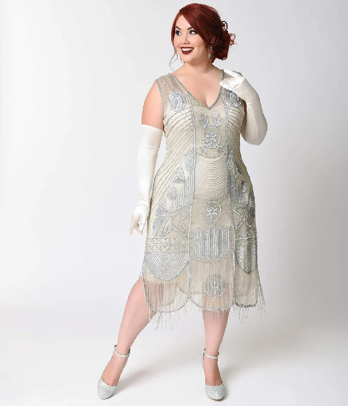 Crazy Discounts Inside!Special Order - Unique Vintage Plus Size 1920s Style Silver Hand Beaded Fringe Bosley Flapper Dress