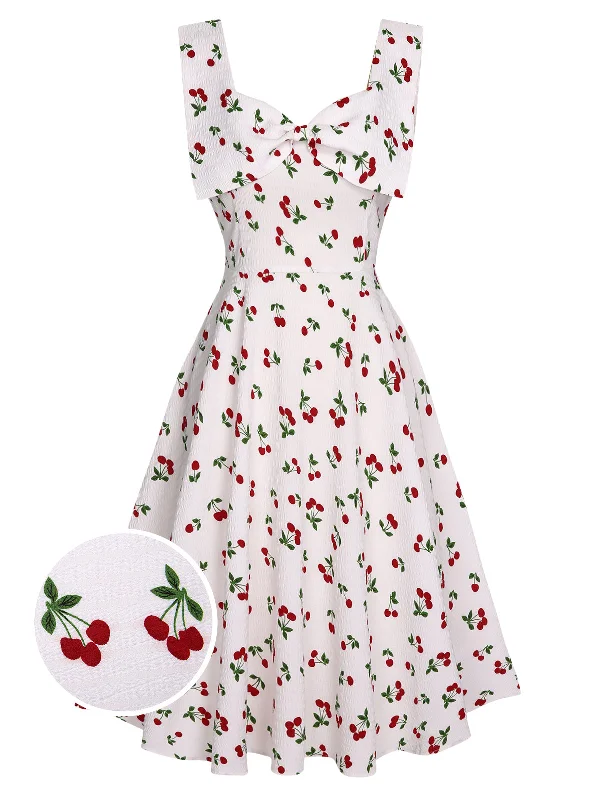 Biggest Sale of the Season!White 1950s Cherry Bow Sweetheart Neck Dress