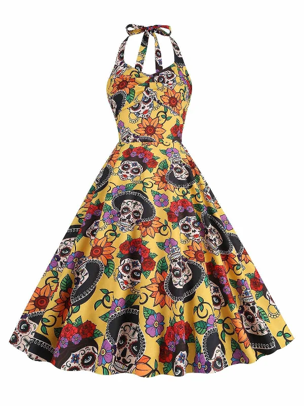 Special Offer – Act Fast!Yellow 1950s Hippie Skull Bow Halter Swing Dress