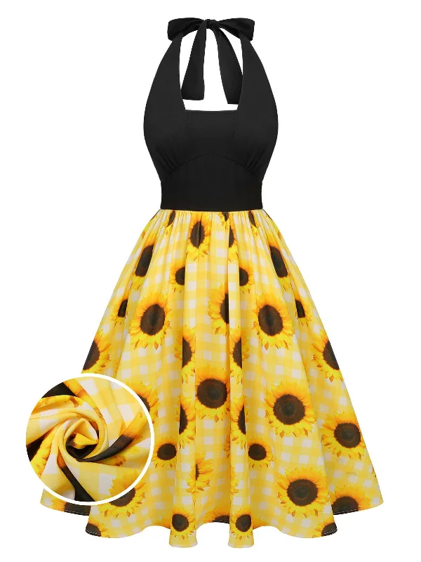 Hot Deals You Can’t Resist!Yellow 1950s Sunflower Plaid Halter Dress