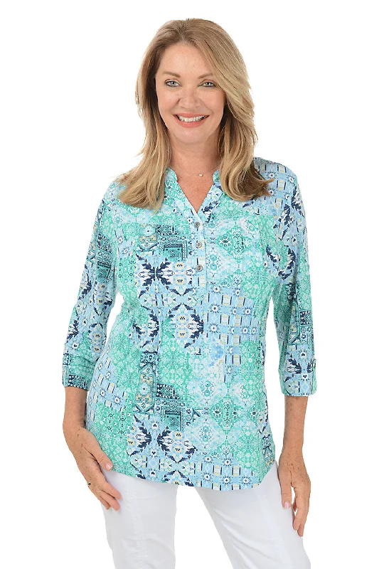 Your Favorite Sale is Back!Blue Jade Pleated Patch Print Top