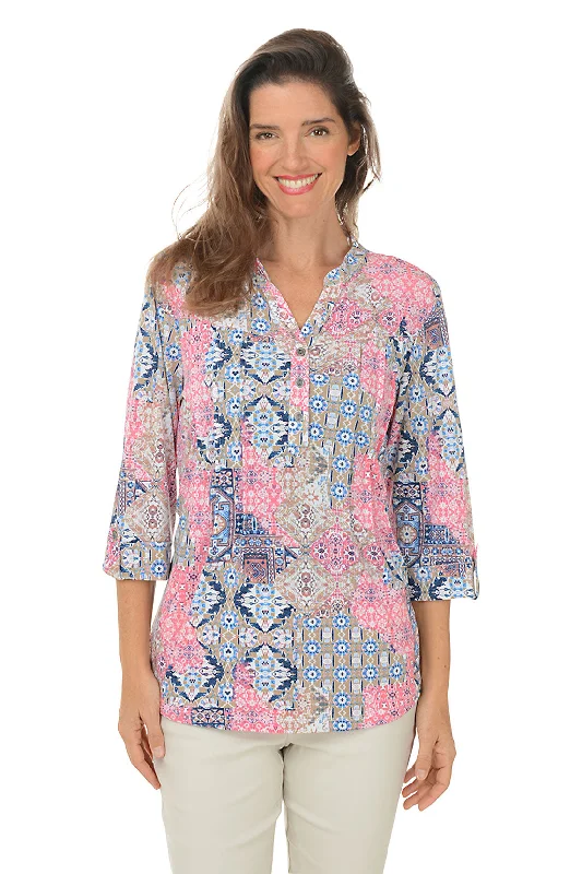 Exclusive Offers You’ll Love!Rose Amour Pleated Patch Print Top