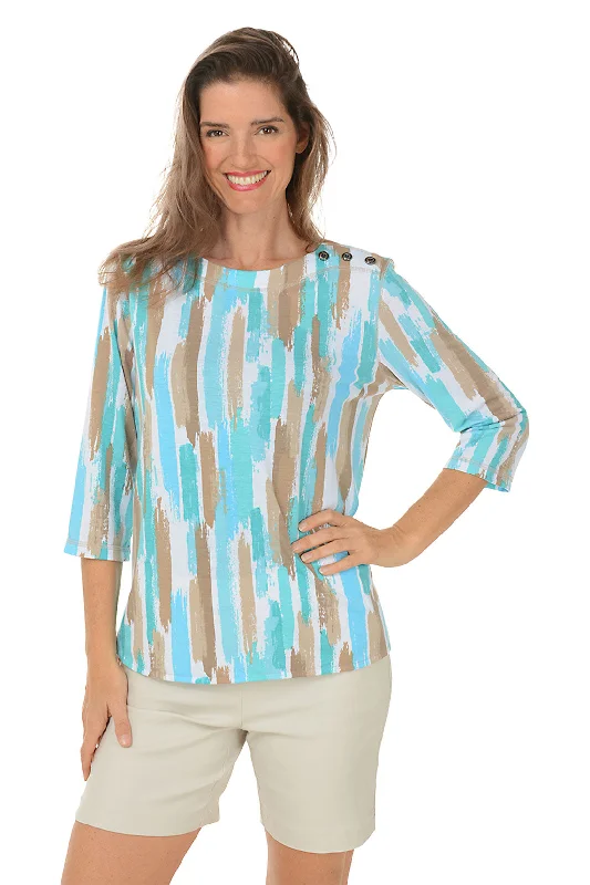 Unbeatable Prices!Aqua Brushstroke Stripe Button Shoulder Top