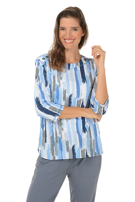 Buy More, Save More!Blue Brushstroke Stripe Button Shoulder Top