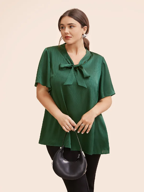 Shop More, Spend Less!Plain Knot Neck Ruffle Sleeve Blouse