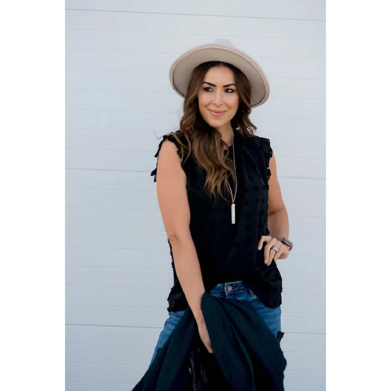 Buy More, Save More!Cinched Neck Ruffle Swiss Dot Tank