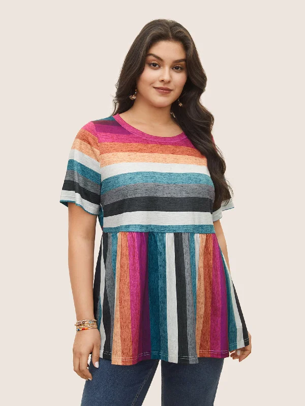 Massive Price Cuts!Color Striped Crew Neck Gathered T-shirt