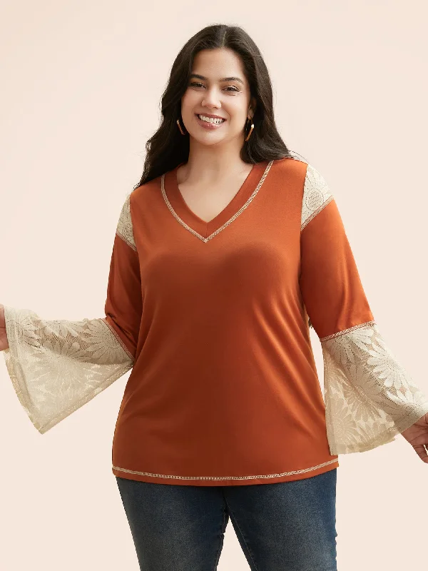 Shop Today, Save Tomorrow!Contrast Patchwork Mesh Bell Sleeve T-shirt