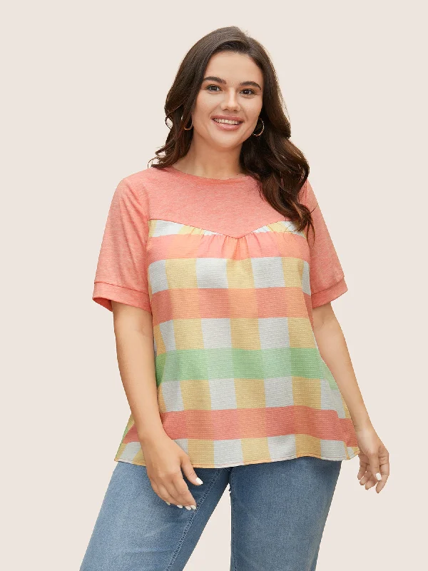 Buy More, Pay Less!Crew Neck Colored Plaid Patchwork Gathered T-shirt